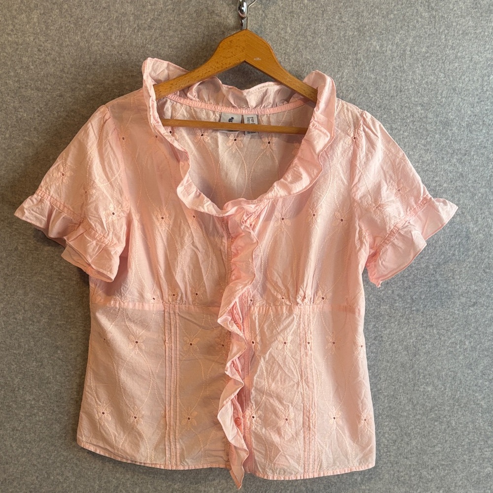 Caribbean Joe Floral Eyelet Light Pink Ruffled Blouse
 size Petite XL